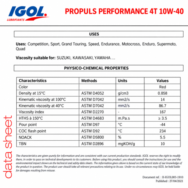 IGOL PROPULS PERFORMANCE 4T 10W-40 SUZUKI GIXXER 250/SF | V-STORM 250 SX